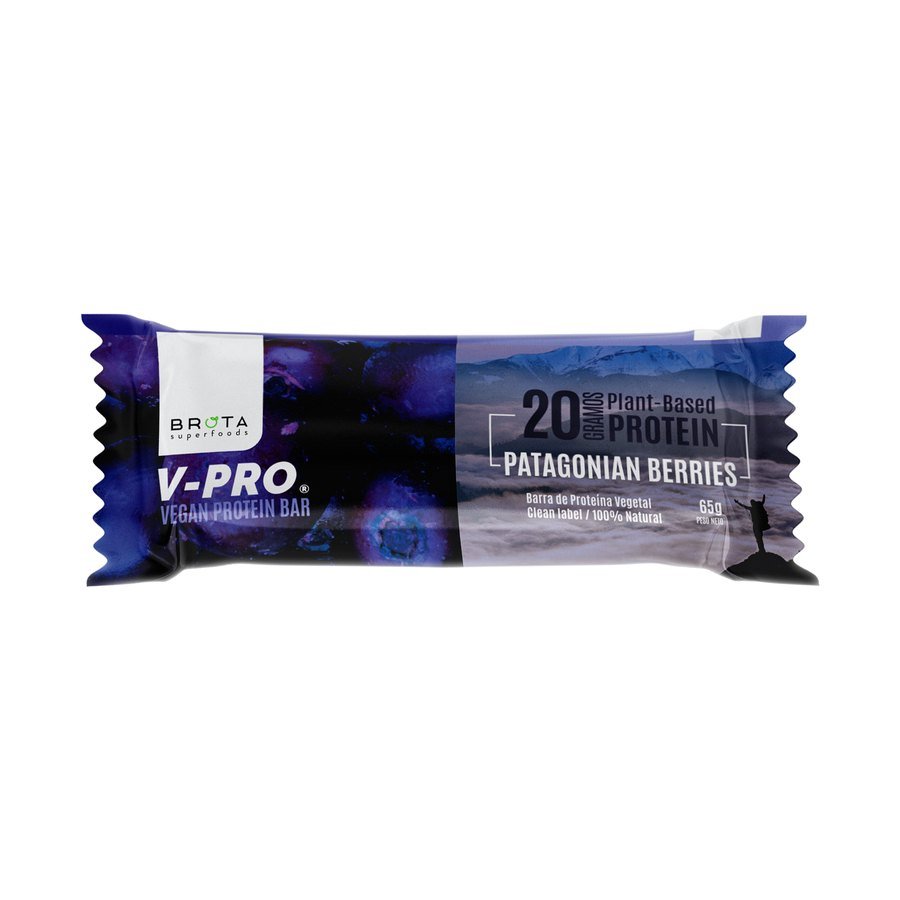 Brota V-Pro Patagonian Berries 65 g, barra de proteína elaborada en línea con gluten