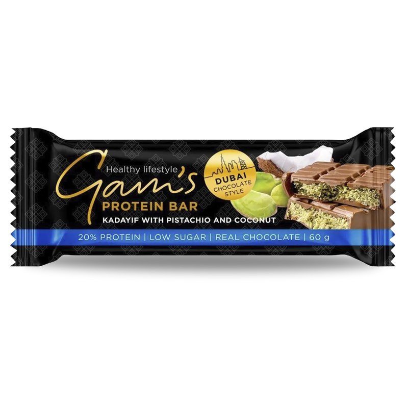 Gams Chocolate Dubai Pistacho y Coco 60 g, barra de proteina sin azucar anadida