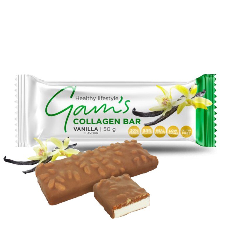 Gams Collagen Bar Vainilla 50 g, barra de proteina con colageno baja en azucar