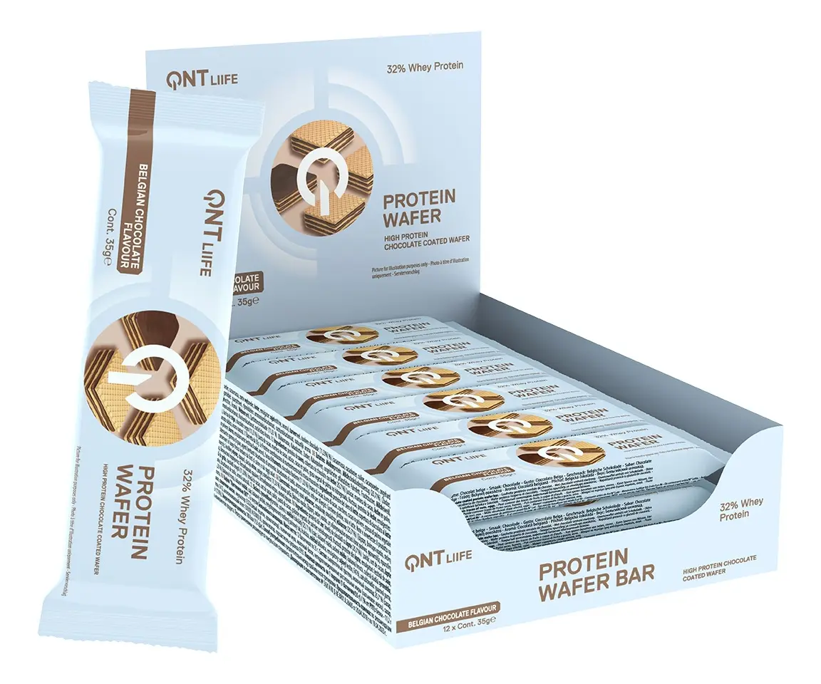 Caja QNT Protein Wafer de chocolate belga, 12 obleas de 35 g