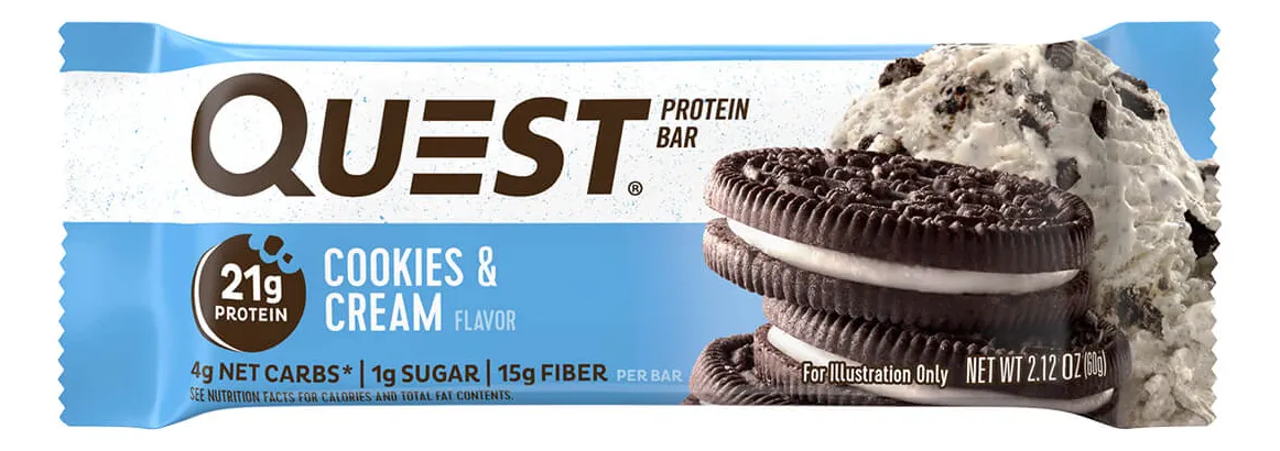 Barra Quest Cookies & Cream de 60 g, envase azul y blanco